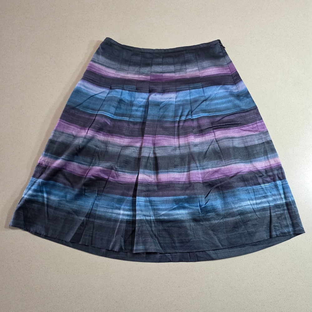 Ann Taylor LOFT Blue Purple Striped Pleated A-Line Skirt Size 4 Knee Length